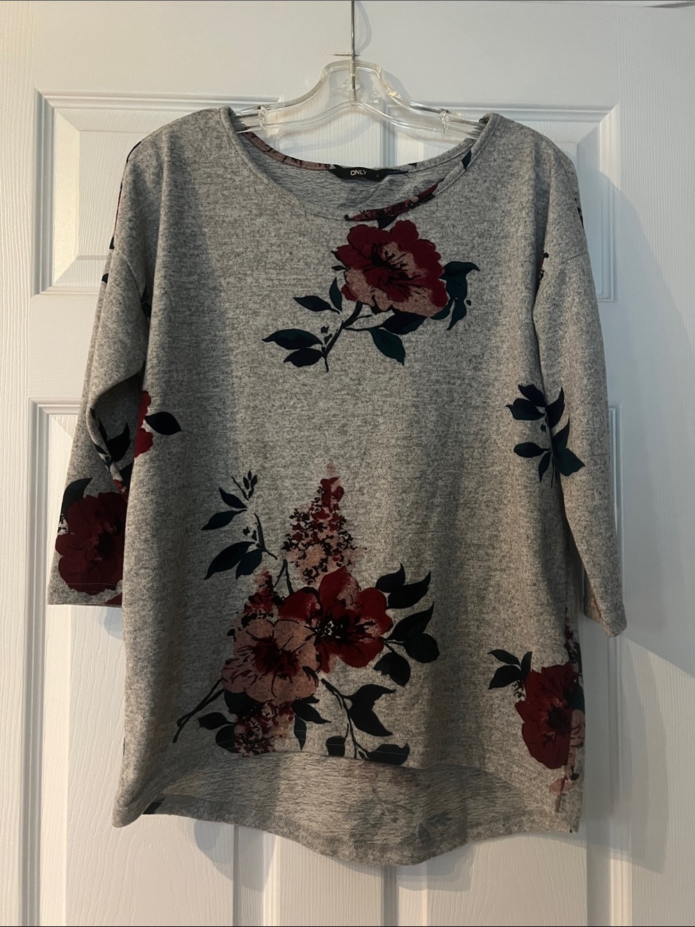 Only Heather Gray Sweatshirt with Deep Red Floral Print